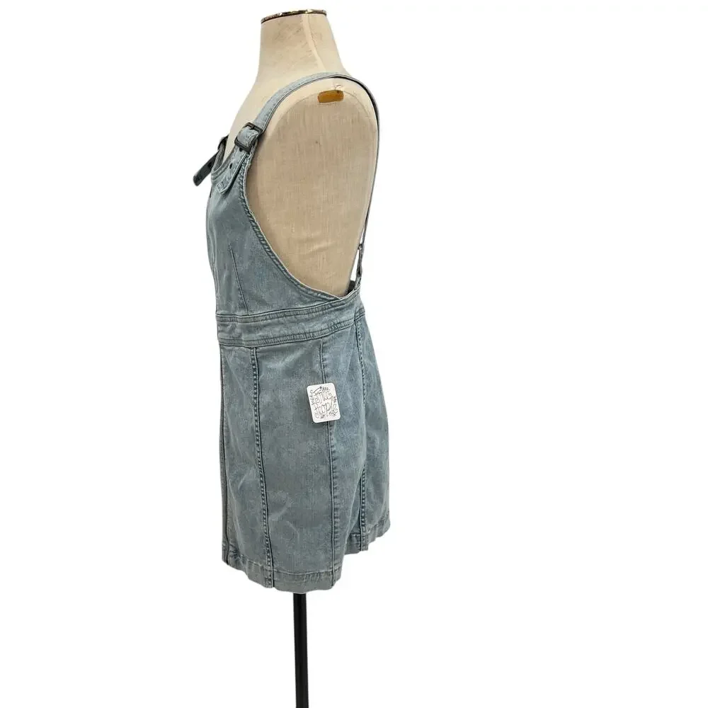 Free People Modern Femme Denim Jumper Dress Zip Front Overall Mini Size 10‎ NWT